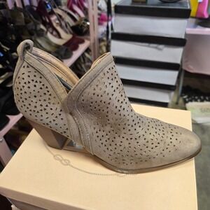 AMS Addison-3 Taupe Faux Suede Perforated Cutout Ankle Booties Womens Size 8 1/2